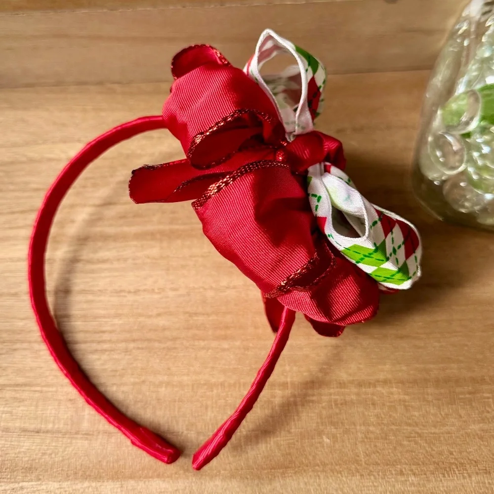 Girls Red‎ & Green Argyle Christmas Bow Headband | Layered Bow Headband